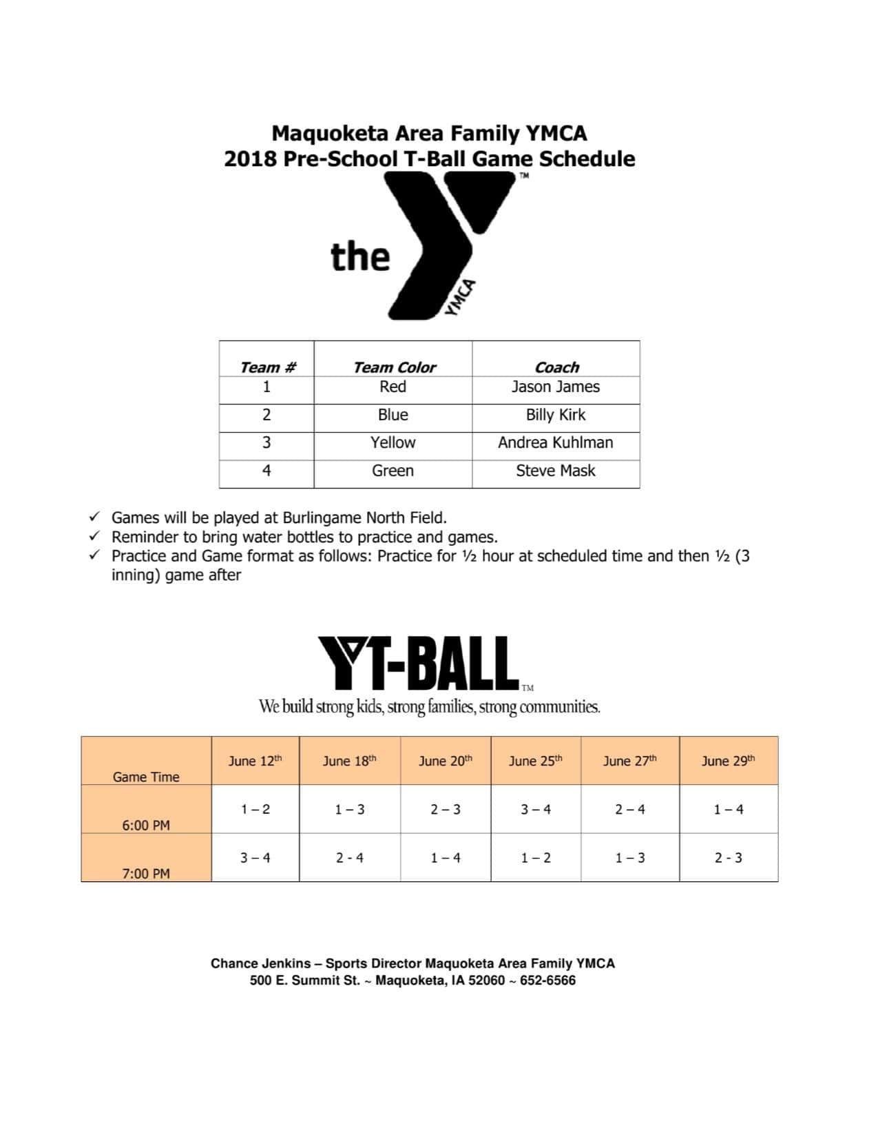 2018 TBall Game Schedule Maquoketa Area Family YMCA