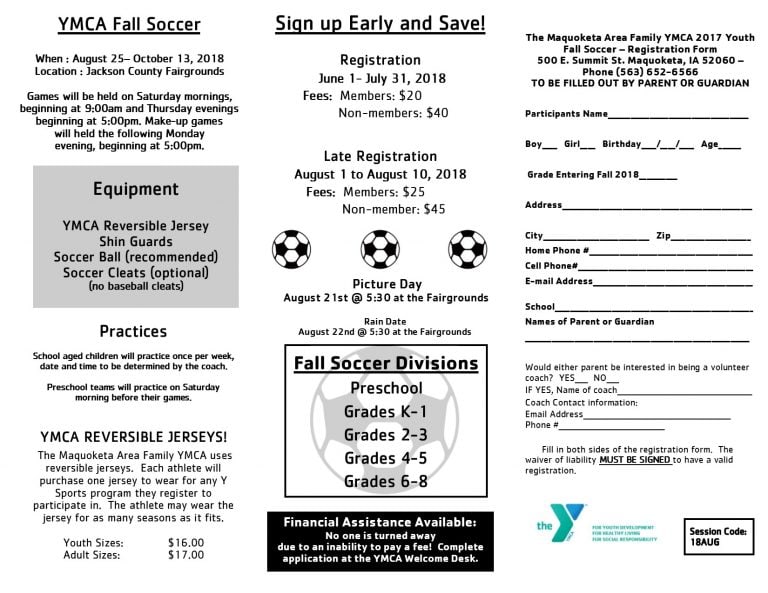 2018 fall soccer registration form Maquoketa Area Family YMCA