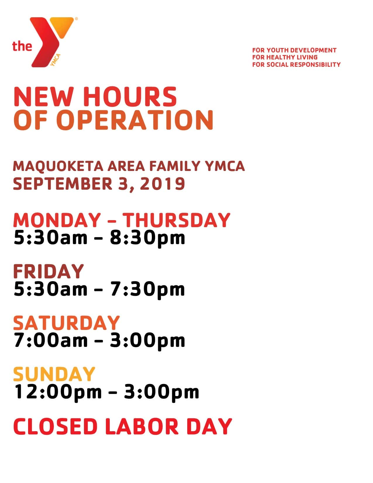 Fall hours of operation 2019 Maquoketa Area Family YMCA